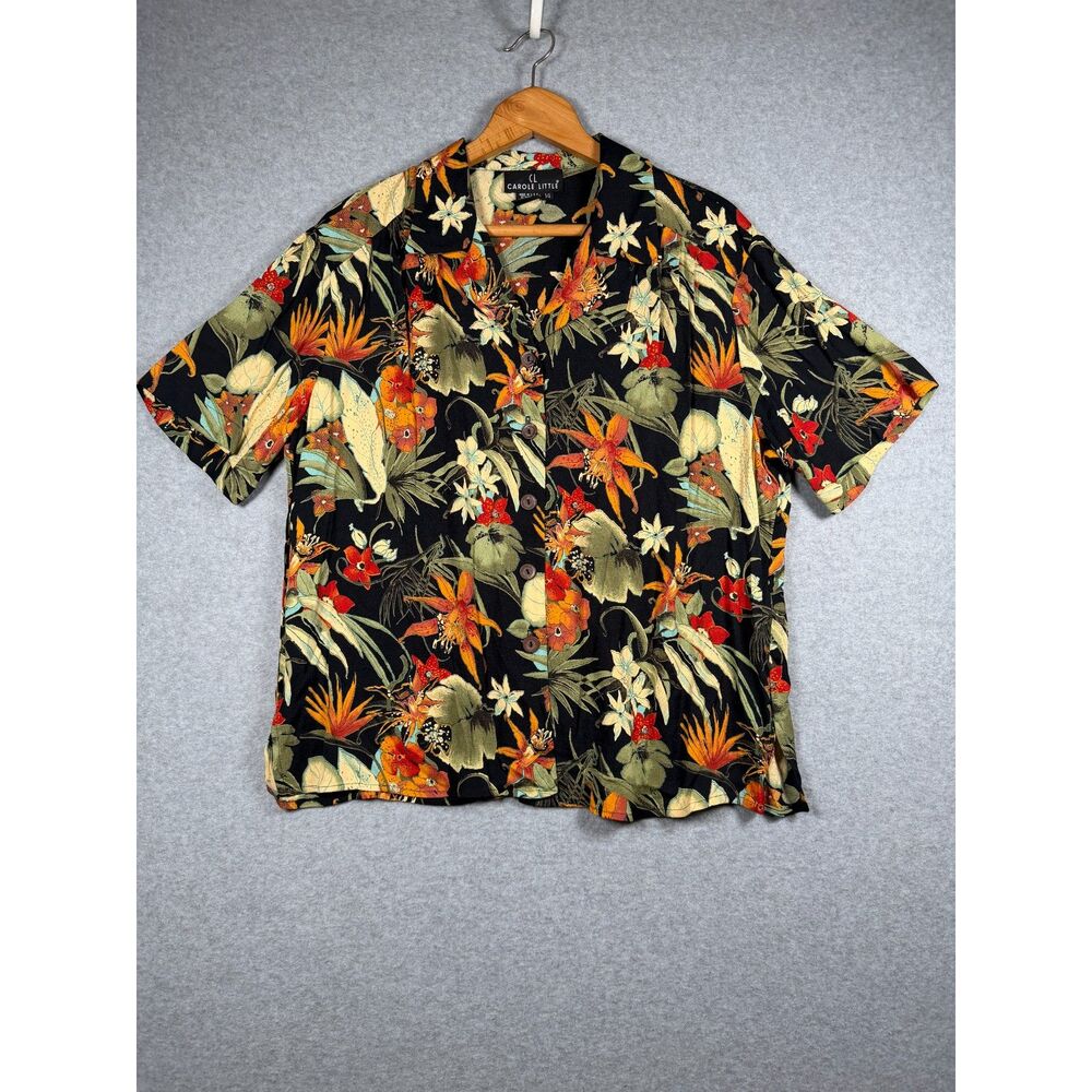 Vintage Carole Little Womens 14 Black Tropical Floral Rayon Button Shirt 3884